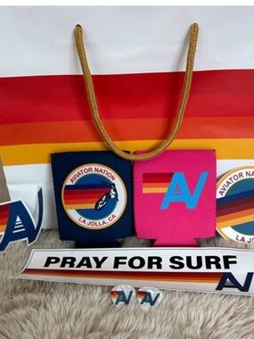 Aviator Nation La Jolla koozie, guitar pick & La Jolla sticker w/ paper bag